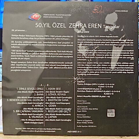 Zehra Eren – Tangolar (TRT 50. Yıl Özel) Çoksesli Müzikler LP PLAK